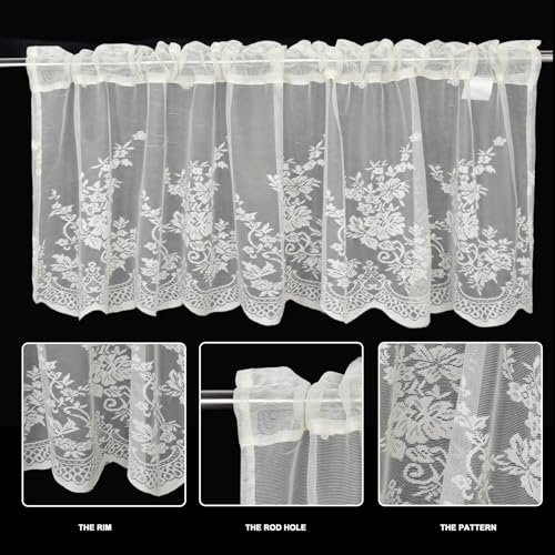 Molaxhome Kitchen Curtains Valance Beige Lace Floral Semi Sheer Curtain - color: Beige, size: 51"W x 16"L (Pack of 1)