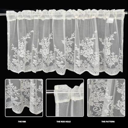 Molaxhome Kitchen Curtains Valance Beige Lace Floral Semi Sheer Curtain - color: Beige, size: 51"W x 16"L (Pack of 1)