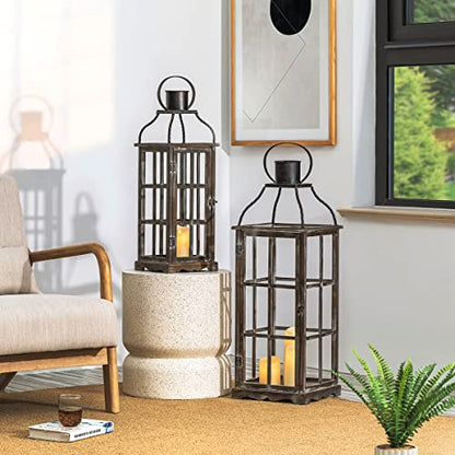 Glitzhome Farmhouse Wood Metal Large Decorative Lanterns Hanging Candle Lanterns Set of 2, Black (No Glass) - color: Black 35.75"h