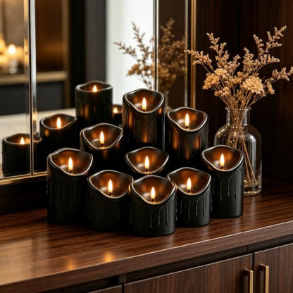 Nimiko Flameless Candles with Remote, Battery Operated Flickering Flameless Candles, LED Candles with Timer 2/4/6/8H, Realistic Drop Wax flameless Candle Set of 9 (D3 x H 3" 4" 5" 6" 7") (Black) - color: Black-dripping wax