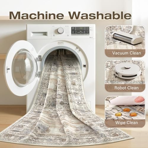 Vintage Washable 8x10 Area Rug, Non-Slip Indoor Carpet, Beige - color: Light Beige, size: 8' x 10' (Rectangular)