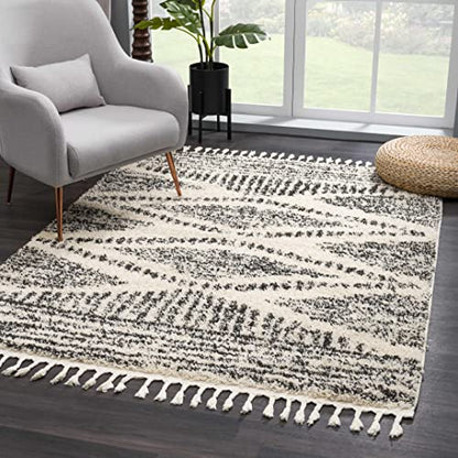 Hauteloom Berber Shag Collection - Fishhook Farmhouse Entryway, Bedroom, Kitchen Shaggy Runner Rug with Tassel - Fluffy Plush High Pile Carpet - Southwestern Tribal Style - Beige, Black - 2'7" x 7'3" - color: Light Brown, Black, White / Fishhook Fishh, si
