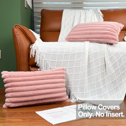 COTEY 12x20 Decorative Faux Fur Throw Pillow Covers Set of 2- Pink - color: Pink, size: 20" x 12" (Pack of 2)