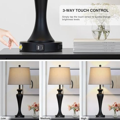 30 Inch Black Table Lamp Single, 3-Way Dimmable Touch Control Living Room Lamps with USB A+C Ports and AC Outlet, Tall Bedside Lamps for Nightstand, Modern Metal Bedroom Lamp, Bulb Included - color: Black-1PK