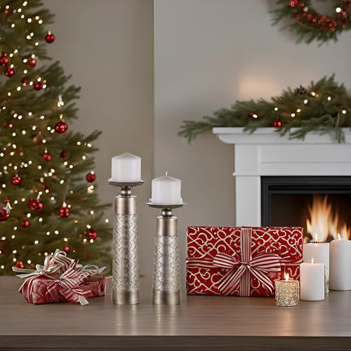 Creative Scents Dublin Silver Decorative Candle Holder Set of 2 - Home Decor Pillar Candle Stand, Coffee Table Mantle Decor centerpieces for Fireplace, Living or Dining Room Table, Gift Boxed - color: Silver