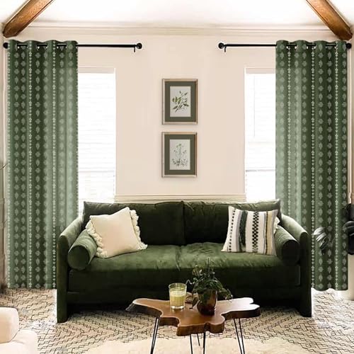 63 Inch Length Dark Green Boho Curtains 2 Panels Set, Semi Sheer Country Plaid Look Drapes for Living Room Bedroom Dining Room - color: Olive Green, size: 52"W x 63"L (Pack of 2)