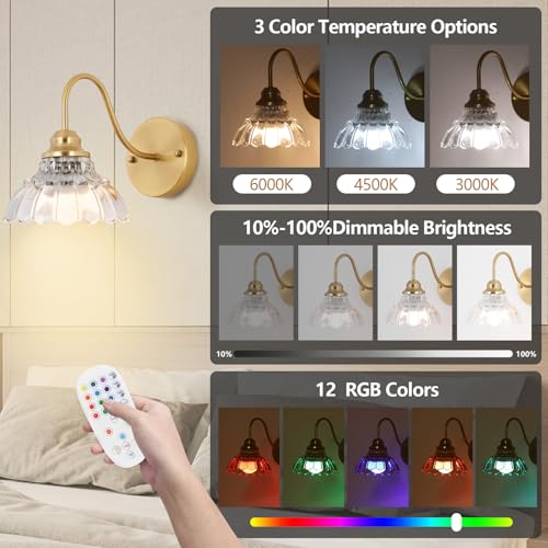 Vintage Battery Operated Wall Sconce,Wireless Wall Sconces Set of 2 with Remote,Rechargeable Wall Sconces Set of Two,Gold Decor Wall Lamp Fixtures Dimmable for Bedroom Living Room Bathroom Hallway - color: Clear