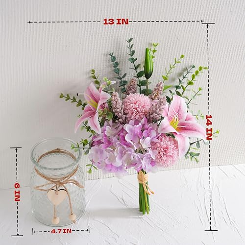 Artificial Silk Flowers with Vase, Fake Pink Lily, Hydrangea and Dandelion - color: Purple & Pink