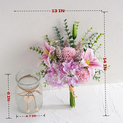 Artificial Silk Flowers with Vase, Fake Pink Lily, Hydrangea and Dandelion - color: Purple & Pink