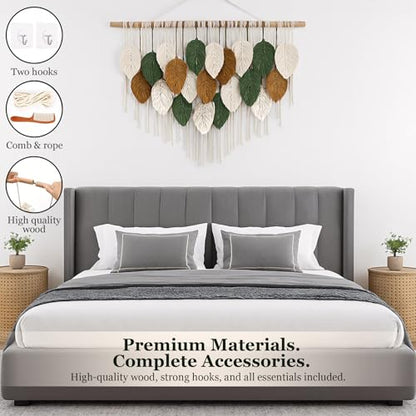 KORSIV Macrame Wall Hanging Boho Woven Tapestry, 39" x 31.5" Modern Bohemian Handmade Leaf Feather Wall Art Decorations for Apartment Dorm Living Room Bedroom Nursery Backdrop, Chic Home Decor