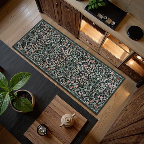 Lahome Dark Floral 2x6 Runner Rug, Washable Botanical Kitchen Runner Rug - color: Black, size: 2' x 6'
