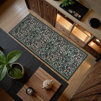 Lahome Dark Floral 2x6 Runner Rug, Washable Botanical Kitchen Runner Rug - color: Black, size: 2' x 6'