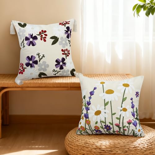 Floral Embroidered Pillow Covers 18x18 Inch Set of 1, White Daisy - color: Falling Petals