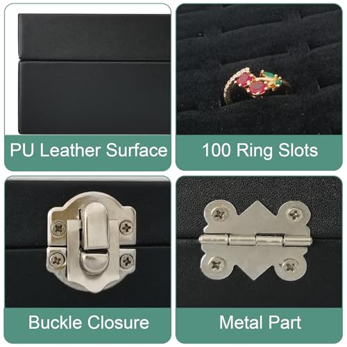 Women Ring Storage Box with 100 Slots & Clear Glass Lid - color: Black-100 rings