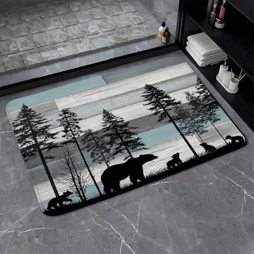 Rustic Bear Bathroom Rugs Cabin Retro Wooden Board Tree Fall Autumn Forest Farmhouse Country Camping Hunting Nature Safari Wild Animal Bath Mat Bedroom Kitchen Toilet Floor Doormat 17.8x29.5 in - color: Blue, size: 17.8x29.5