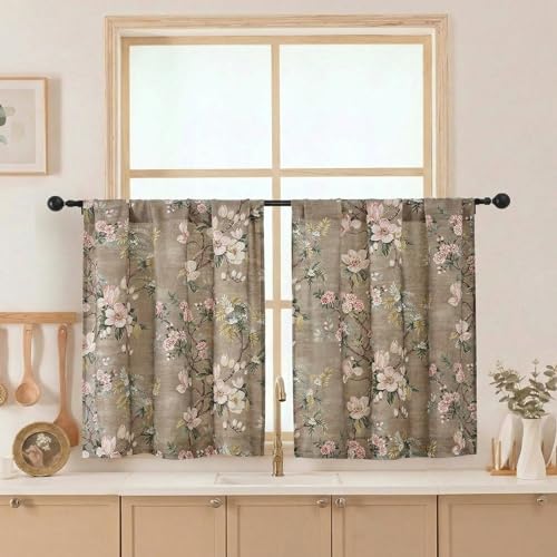 Aiyufeng Taupe Tiers Curtains for Kitchen 30 Inches Long 2 Panels Set, Light Filtering Rod Pocket Cafe Curtains Short Floral Drapes for Bathroom Bedroom Half Window, 30" W x 30" L - color: Taupe, size: 30"W x 30"L (Pack of 2)