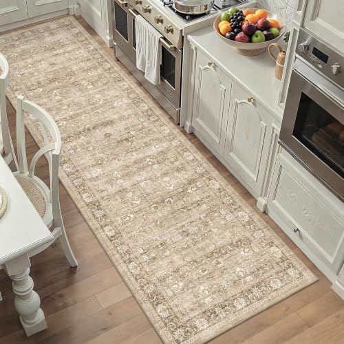 2.6x8 Washable Kitchen Runner Rug Non-Slip Vintage Khaki Throw Carpet - color: Accent | Beige Khaki, size: 2'6" x 8' (Runner)