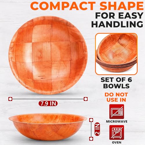 HYQO Wooden Salad Bowls Set of 6, Stackable, Lightweight & Sturdy, 7.9 In | Wooden Bowls for Food, Salad, Fruit, Snacks, Popcorn & Pasta; Won't Absorb Odors or Stains; Wood Bowl for Party & Brunch