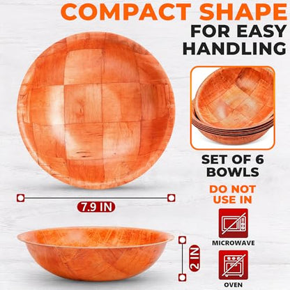 HYQO Wooden Salad Bowls Set of 6, Stackable, Lightweight & Sturdy, 7.9 In | Wooden Bowls for Food, Salad, Fruit, Snacks, Popcorn & Pasta; Won't Absorb Odors or Stains; Wood Bowl for Party & Brunch