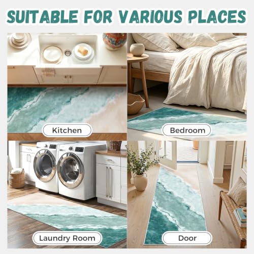 Beach Pattern 2x6ft Runner Rug Non Slip Washable Kitchen Runner Rug with Rubber Backing，Low-Pile Soft Washable Runner Rugs for Hallway Entryway Kitchen Bedroom Living Room Bathroom, Teal - color: Teal Beach, size: 2' x 6' (Rug)
