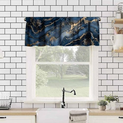 Navy Blue Marble Valance, Luxury Abstract Dark Blue Golden Veins Texture Blackout Short Window Drape Treatment for Kitchen Cafe Bedroom Living Room, 54x18inch - color: Marble-18