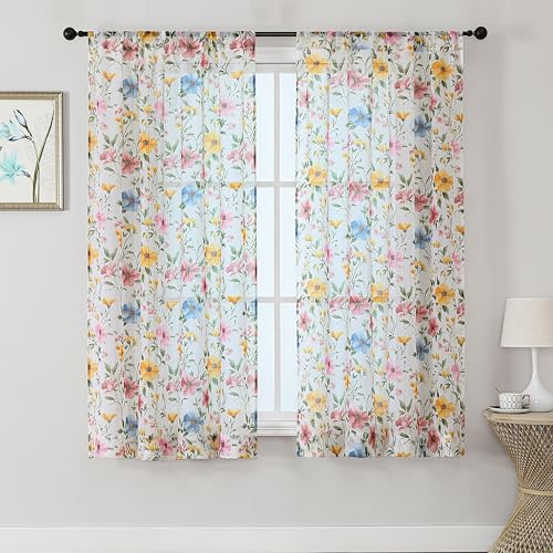 OWENIE Floral Sheer Curtains for Living Room - Printed Pink Farmhouse Soft Airy Light Filtering Crinkle Crushed Semi Short Sheer Curtains for Small Window, (2 Pcs Each 42" W x 54" L) - size: 42"W x 54"L (Pack of 2)