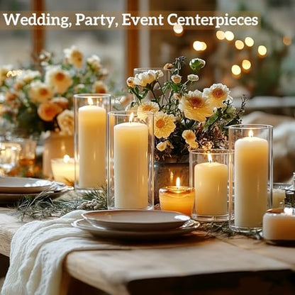 24 PCS White Pillar Candles with Glass Candle Holders Clear Hurricane Candle Holders Glass Cylinder Vases for Centerpieces Wedding Party, Event, Home Decor Ivory White