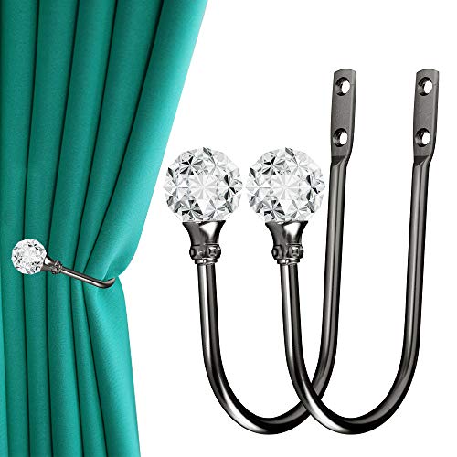 Curtain Holdback, 2pcs Wall Mounted Drapery Tiebacks with Clear Crystal Ball, Heavy Duty Metal Decorative Window Drapery Curtain Holder Curtain Hooks with Screws, Matt Black - color: 2 Pcs, Black