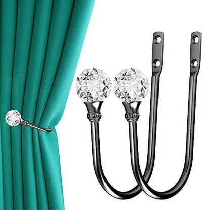 Curtain Holdback, 2pcs Wall Mounted Drapery Tiebacks with Clear Crystal Ball, Heavy Duty Metal Decorative Window Drapery Curtain Holder Curtain Hooks with Screws, Matt Black - color: 2 Pcs, Black