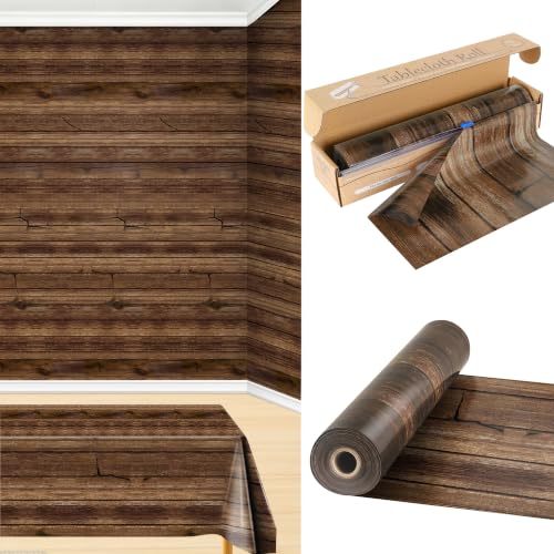 100FT x 54IN Wood Grain Plastic Tablecloth Roll with Slide Cutter Box - color: Wood Grain, size: 1200" x 54" (Rectangular)