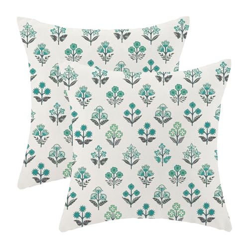 Aqua Teal Pillow Covers 18 x 18 Inch Set of 2 Boho Sage Green Floral Spring Summer Outdoor Decor Throw Pillows Vintage Flower Seasonal Linen Farmhouse Decorative Pillowcases for Couch Bed Sofa - color: Aqua Teal Floral Boho, size: 18" x 18" (Pack of 2)