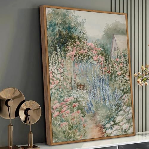 French Country Garden Framed Canvas Wall Art 16x24 inch - color: Fence Garden, size: 16"x24" Natural
