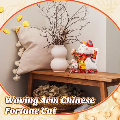 Wesiti 11 Inch Chinese Lucky Cat Waving Arm Large Ceramic Maneki Neko Feng Shui Money Fortune Cat Gift Decorations for Shops, Restaurants, Living Room Wealth from All Directions, Battery Not Included