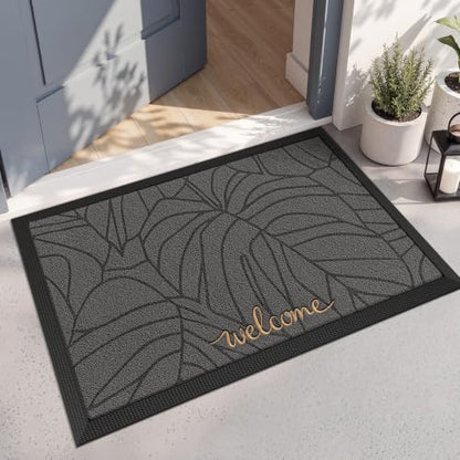 LUMI Outside Welcome Door Mat 24x36, Non-Slip Heavy Duty Dirt Trapper, Grey - color: Grey Gold Monstera, size: 24"x36"