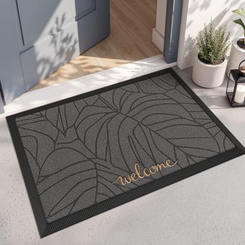 LUMI Outside Welcome Door Mat 24x36, Non-Slip Heavy Duty Dirt Trapper, Grey - color: Grey Gold Monstera, size: 24"x36"