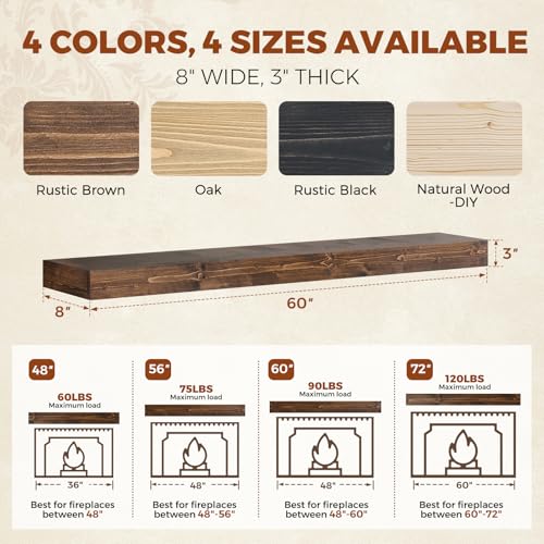60x8x3in Rustic Fireplace Mantel Pine Wood, Weathered Brown - color: Weathered Brown, size: 60x3x8-hollow