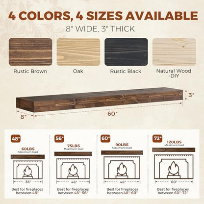 60x8x3in Rustic Fireplace Mantel Pine Wood, Weathered Brown - color: Weathered Brown, size: 60x3x8-hollow