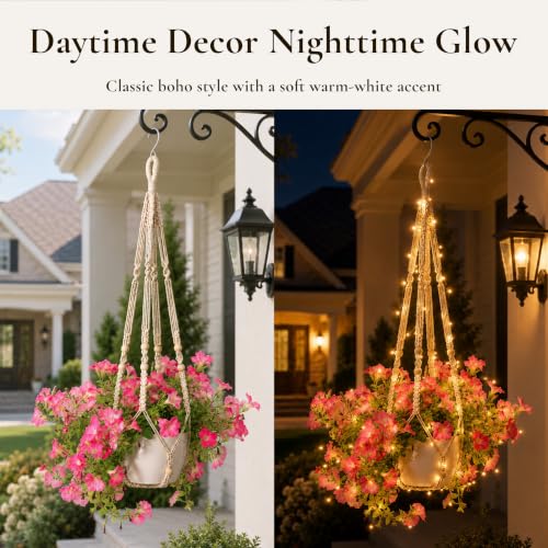 Macrame Plant Hanger with 2 Solar LED Lights, 35 in