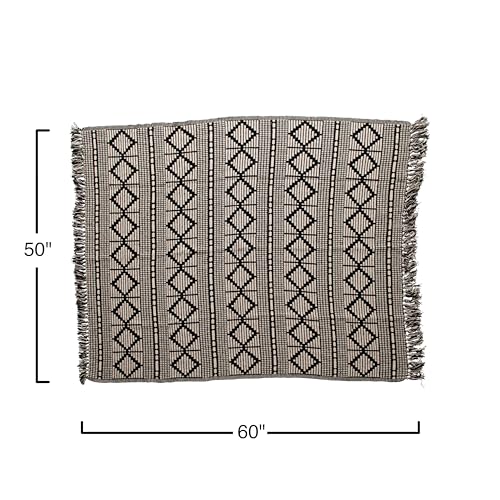 Bloomingville Soft Reclaimed Cotton Blend Throw with Diamond Pattern and Fringe, Black and Beige - color: Black and Beige