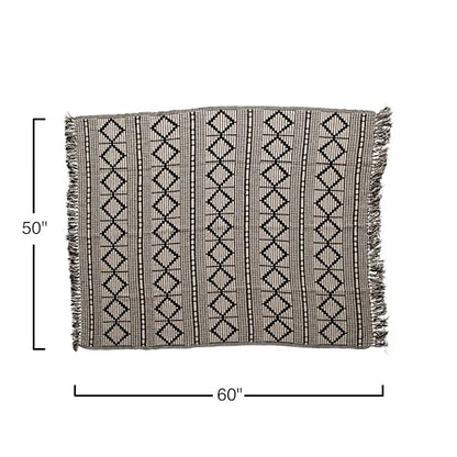 Bloomingville Soft Reclaimed Cotton Blend Throw with Diamond Pattern and Fringe, Black and Beige - color: Black and Beige