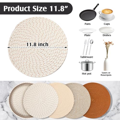8 Pcs Boho Round Woven Placemats Set of 4/6/8,Trivets for Dishes, Heat Resistant Hot Pads,11.8" Woven Cotton Rope Round Placemats with Basket, 4.3" Drink Coasters with Holder (Mix Brown)
