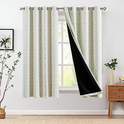 jinchan Boho Blackout Curtains 63 Inch Length for Bedroom Living Room - color: Boho | Sage Green on Beige, size: 52"W x 63"L (Pack of 2)