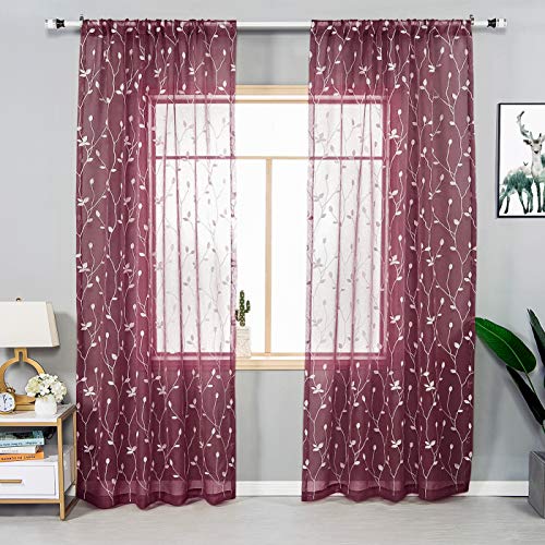 AmHoo 2 Panels Embroidered Leaf Pattern Semi Sheer Curtains Foliage Floral Voile Window Draperies Treatment for Bedroom Living Room Rod Pocket Burgundy Red 53 x 63 Inch - color: Burgundy Red, size: 53"W x 63"L (Pack of 2)