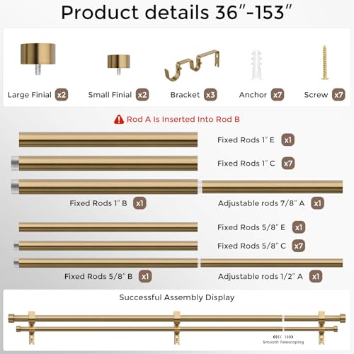 Double Curtain Rod, 36-153 Inch Warm Gold Heavy Duty Dual Rods - color: Warm Gold, size: 36"-153"