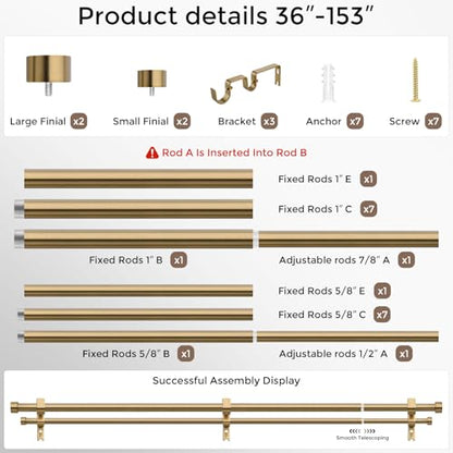 Double Curtain Rod, 36-153 Inch Warm Gold Heavy Duty Dual Rods - color: Warm Gold, size: 36"-153"