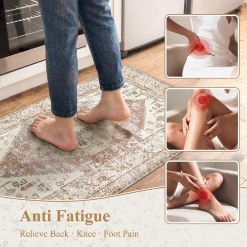 KIMODE Farmhouse Kitchen Mats Cushioned Anti Fatigue Khaki Kitchen Rugs 2Pc - color: Light Khaki, size: 17.3" x 47 "+ 17.3" x 29 "--0.47 inches