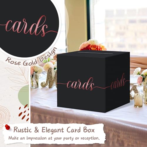 QIKSION Elegant Black Card Box for Party, Rose Gold Foil Wedding Card Box - color: Black and Rose Gold Foil