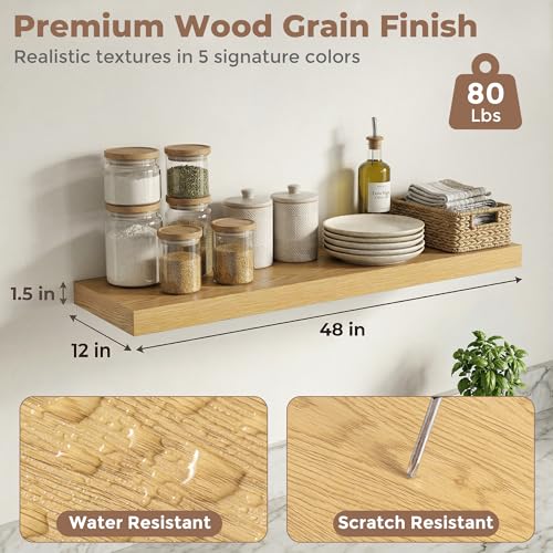 Venusmiles 12 inch Deep Floating Shelves for Wall, 48" Wide, Oak, 2-Pack - color: Oak Finish, size: 48"w x 12"d, 2p