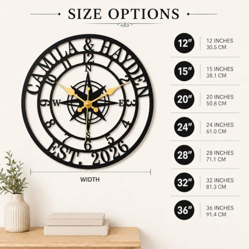 Personalized Wall Clock, Custom Family Name Metal Clock, Compass Wall Decor - color: Design9