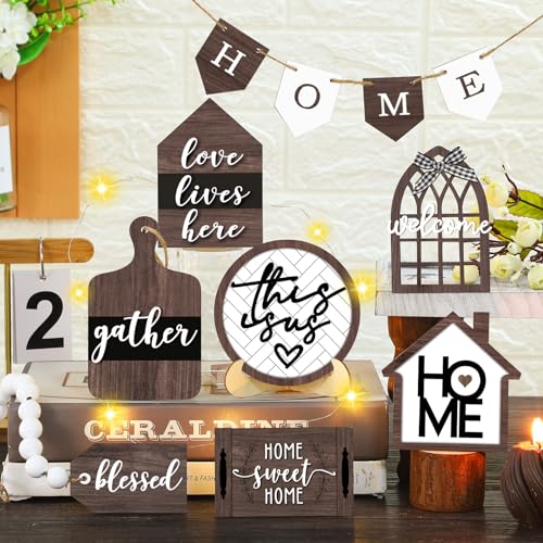 FairySandy 11 Pcs Home Tiered Tray Decor This is us Rustic Wooden Signs - style: Brown Style